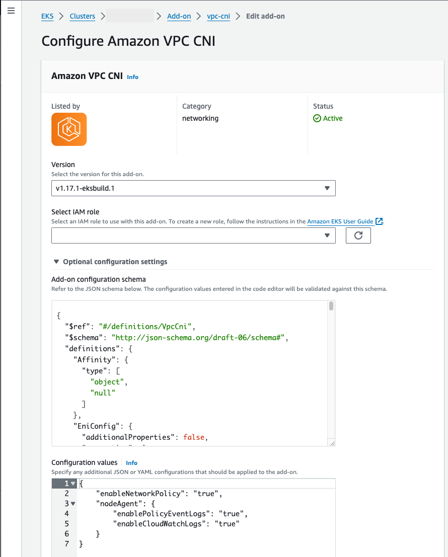 <code class="shared">consolelong</code> showing the VPC CNI add-on with network policy and CloudWatch Logs in the optional configuration.